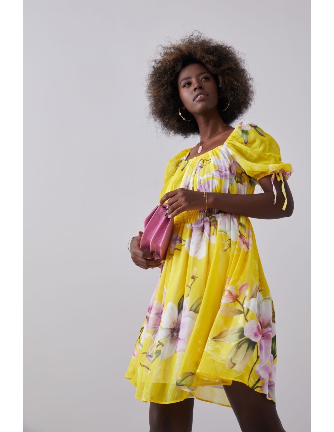 Airy dress with gathered waist, yellow 030800 - Online store - Boutique